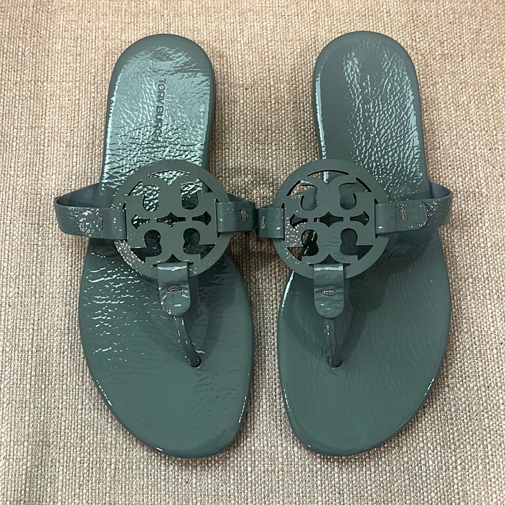 Tory Burch Green Patent Miller Logo Thong Sandals